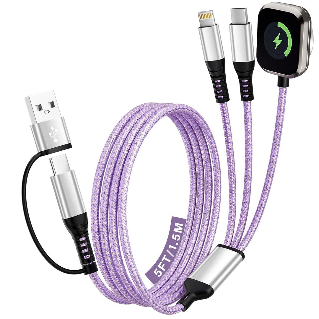 Travel Essentials, 3 in 2 USB A/C Cable for iPhone 17 Charger/iWatch Charger/IP, Braided Multi Charging Cable Cord, RV Camping Essentials, Designed for iWatch Series & iPhone17-11/iPad-5FT (Purple)