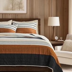 Wonderful 100% Cotton Quilt Set Queen, Breathable & Skin-Friendly Cozy Soft Natural Quilt, 3 Piece Caramel Classic Stripe Yarn Dyed Lightweight Comforter Bedspread with Pillow Shams