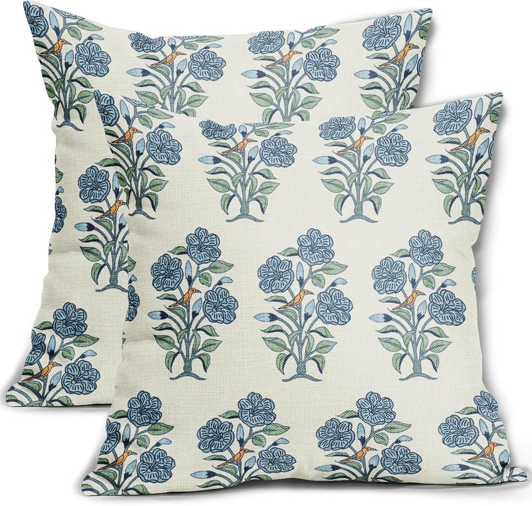 Blue Floral Block Print Pillow Covers 18x18 Light Blue Green Chinoiserie Flowers Birds Monsoon Decorative Pillows Outdoor Linen Farmhouse Cushion Case Pillowcase for Sofa Bed Room Decor Set of 2
