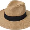 Lanzom Women Wide Brim Straw Panama Roll up Hat Fedora Beach Sun Hat UPF50+ (One Size-Small, Brown/Black)