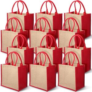 Saintrygo 12 Pcs Burlap Jute Tote Bags with Handle Reusable Blank Bridesmaid Gift Bags for Shopping Wedding DIY, 12x12x7.7In(Jute and Red)