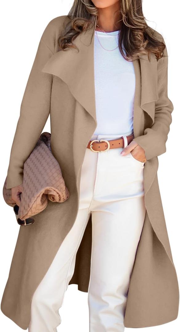 Angerella Women's Casual Long Sleeve Draped Open Front Knit Long Cardigan Sweater Outwear Coats with Pocket (Beige, L)