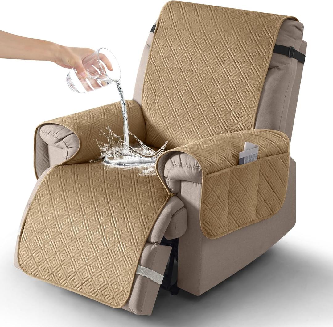 Set of 5 Timeles Velvet Recliner Chair Cover, 100% Waterproof Recliner Covers That Stay in Place with Pocket for Pets & Dogs (Medium: 23",Khaki)