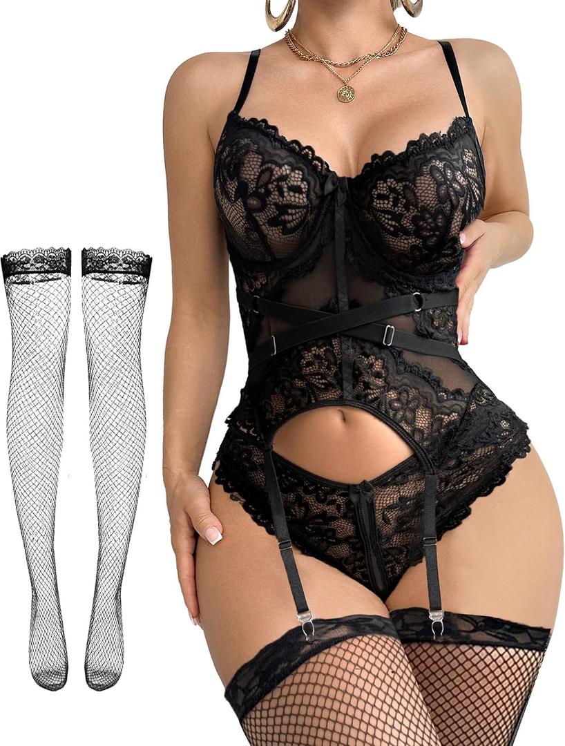 Alrovetoney Sexy Lingerie Set 4pcs Teddy Bodysuit With Bra And Panties & Thigh Highs Corset Bodysuit XS-3XL (Black, XXL)