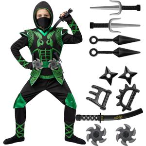 Spooktacular Creations Green Ninja Costume Set, Ninja Jumpsuit with Foam Accessories for Kids, Toddler Halloween Outfit for Ideas Cosplay Party (S, 5-7 yrs)