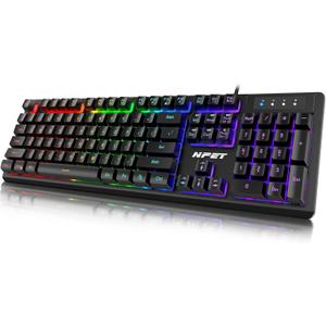 NPET K10 Wired Gaming Keyboard, LED Backlit, Spill-Resistant Design, Multimedia Keys, Quiet Silent USB Membrane Keyboard for Desktop, Computer, PC (Black)