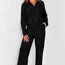 PRETTYGARDEN Women's 2 Piece Outfits Casual Lapel Half Zip Sweatshirts and Wide Leg Pants Tracksuit Sets (Black, XXL)