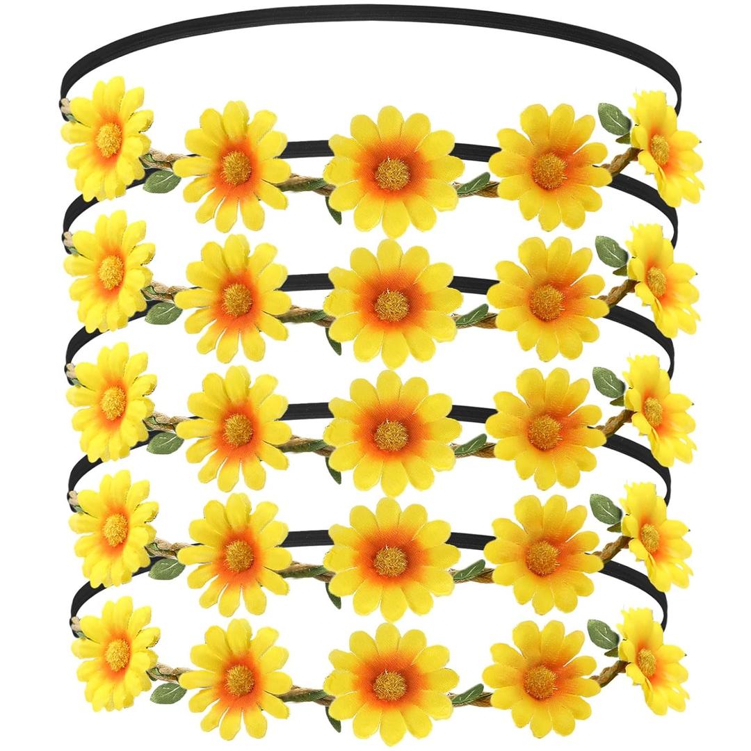 EBOOT 5 Pcs Flower Headband Daisy Wreath Headband Hippie Floral Crown for Festival Wedding Bridal Party(Yellow)