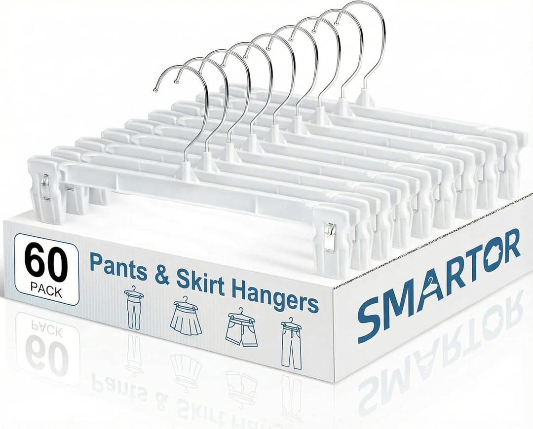 Smartor Skirt Hangers|Pants Hangers with Clips 60 Pack | Space Saving| Durable| Durable Clips| Pant Hanger for Men| White Hanger Clips for Women Shorts, Jeans, Slacks