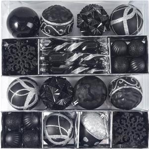Fuovt 52pcs Black &  Big Christmas Balls - Shatterproof Plastic Decorative Baubles for Xmas Tree Decor Holiday, Wedding, Party Decoration (Black & Silver)