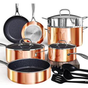 Deluxe DUXANO 14PC Healthy Pots and Pan With 9H Anti-scratch Coating, 2-Layer Non-Stick Ceramic&PFAS Free, Sensitively&Evenly Induction Cooking, Enhanced Flavor with Infrared Cookware, Dishwasher Safe (Copper)