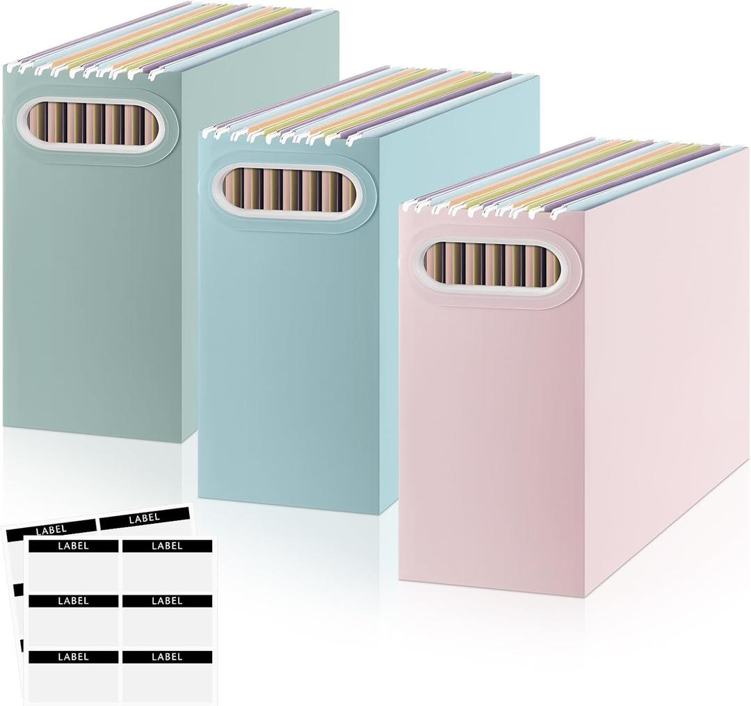 PerKoop 3 Pcs Aesthetic Hanging File Organizer Morandi Color Collapsible Cardboard File Boxes with Handle Pastel Desk Organizer for Office Supplies Gifts for Women