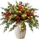 46Pcs 9.44inch artificial Norfolk pine branches, red berry stems, artificial green fir twigs for Christmas, used for making wreaths, DIY handicrafts and Christmas decorations(With light strip).