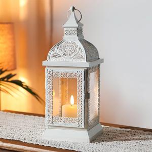 TRIROCKS Rustic Style Metal Candle Lantern 13'' High Decorative Outdoor Lantern Candle Holder with Tempered Glass for Home Living Room Garden Patio Parties Indoors Outdoors (Cream)