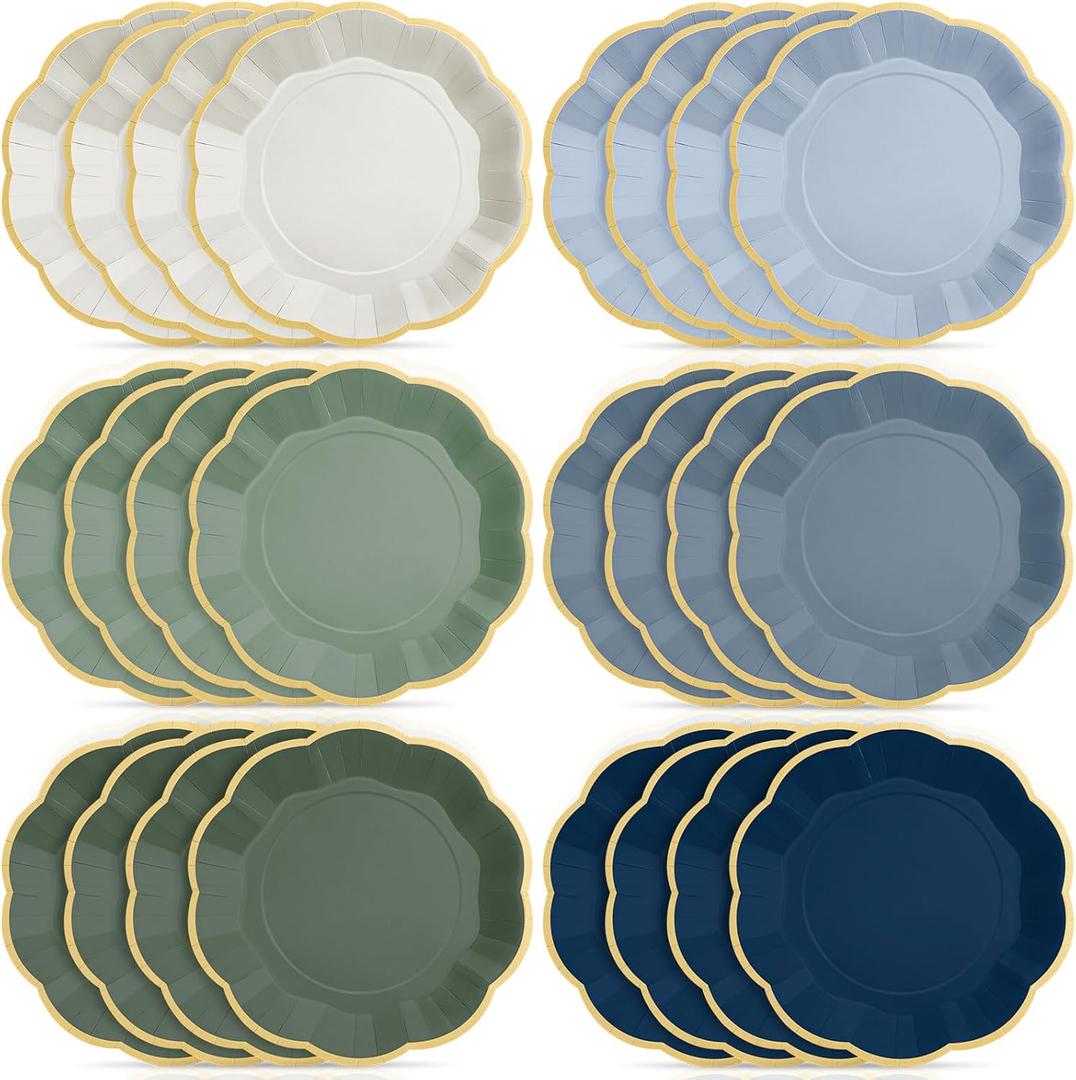 72 Pcs Dusty Blue and Sage Green Color Paper Plates 9 Inch Green Blue Gradient Scalloped Paper Disposable Dinner Dessert Plates for Birthday Wedding Bridal Party Supplies