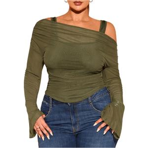 WDIRARA Women's Plus Size 2 in 1 Off Shoulder T Shirt Ruched Sheer Bell Long Sleeve Tee (4X-Large Plus, Green)