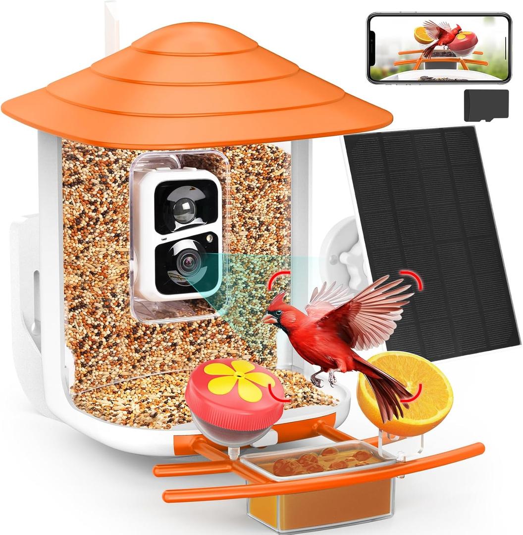 birdsnap TUC Bird Feeder with Camera 2K HD, Solar Panel 32GB Card 4-in-1 Perch, 160View Auto Detect & Notify AI Identify Video Bird Camera Wireless Outdoors Ideal Gift for Birds Lover (Orange)