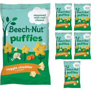 Beech-Nut Veggie Cheddar Puffies, Puffed Grain Snack for Toddlers, No Added Sweeteners, Non-GMO, Gluten Free, 6 Count (1.48 oz Bags) Exp. 03/12/27