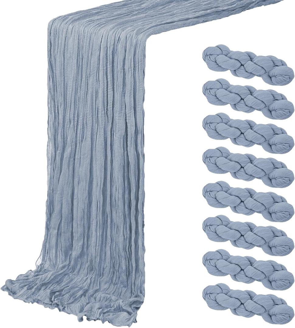8 Pack Dusty Blue Cheesecloth Table Runner 20 x 120 inch Gauze Table Runners 10 FT Long,Semi Sheer Boho Cheese Cloth Fabric Table Runner Bulk for Wedding,Party,Baby Shower,Bridal Shower Decoration