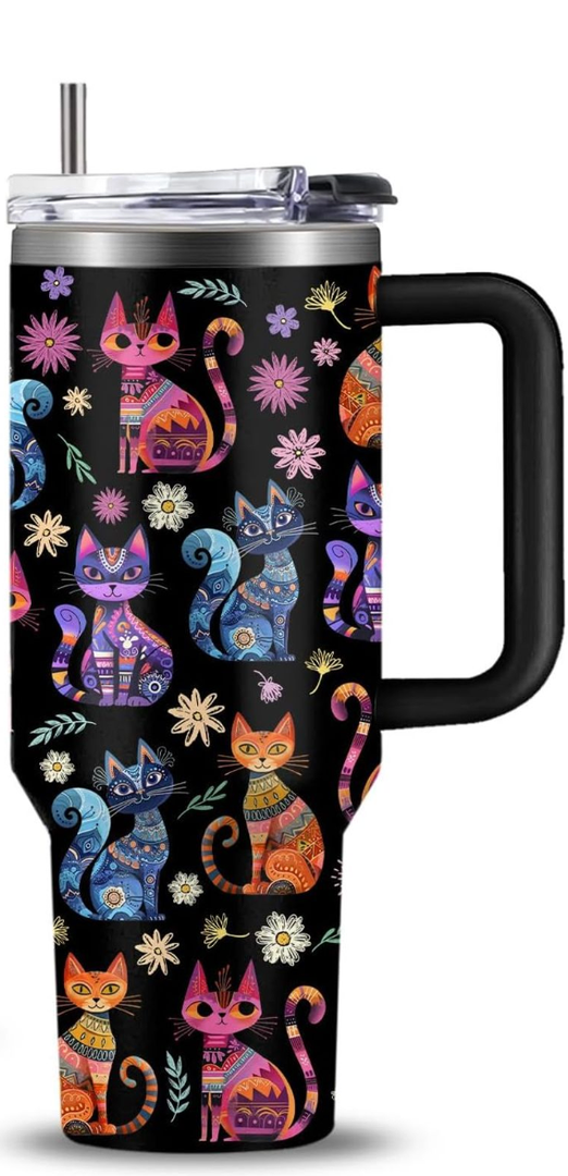 Cat Gifts for Women Cats Tumbler with Handle 40Oz Christmas Birthday Flowers & Elegance Cats Gift for Cat Lover Owner