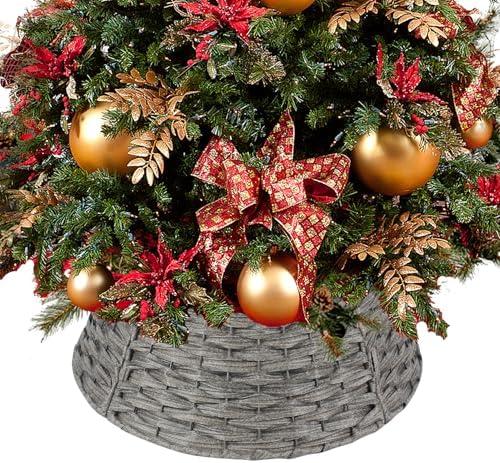 Christmas Tree Collar 23'' D Handmade Artificial Rattan Wicker Tree Collar Basket Christmas Woven Tree Ring Stand Base Cover for Holiday Decoration-Round Gray Brown