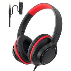 USB C & 3.5mm 2 in 1 Wired Headphones, Stereo Over Ear Headphones with HD Mic, Tangle-Free Nylon Cord, Foldable Earphones for iPad, Tablet, Laptop, Android, School, Travel