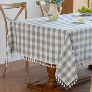 Alsoo Blue Checkered Tablecloth Square Easter, Cotton Linen Fabric Gingham Table Cloth Buffalo Plaid Table Cover with Tassel Wrinkle Free Washable for Kitchen Dining Picnic, Blue and White, 55X55''