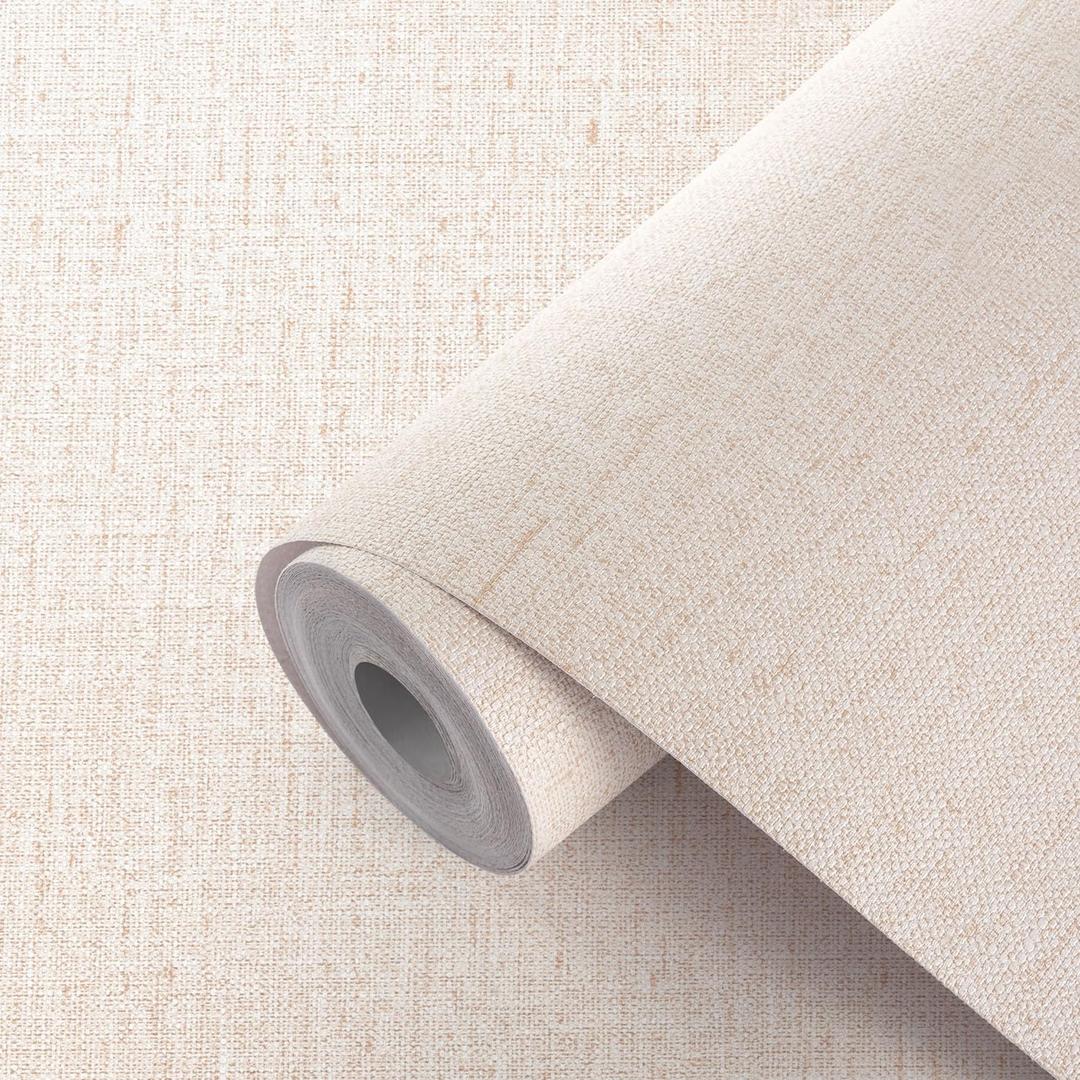Beige Wallpaper Peel and Stick 472" Textured Beige Grasscloth Contact Paper Faux Fabric Linen Stick on Wall Paper Waterproof Self Adhesive Removable Solid Vinyl Roll for Cabinet Drawer (15.7" x 472")