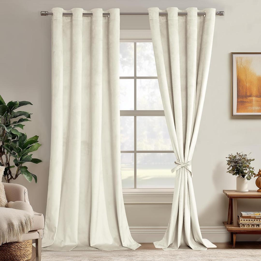 JIUZHEN Ivory Velvet Curtains 108 inches Soundproof Curtains for Living Room - Privacy Protect Room Darkening Grommet Thick Velvet Window Drapes for Bedroom, Set of 2 with Tiebacks, 52W x 108L