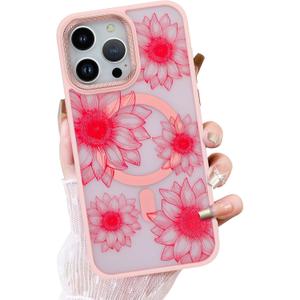 OOK Pink Case Design for iPhone 15 Pro Case [Compatible with MagSafe], Cute Sunflower Floral Blooms Design Frosted Shockproof for Women Girls Magnetic Phone Cover - Pink Flower