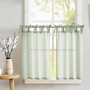 jinchan Tie Top Linen Kitchen Curtains 36 Inches Striped Tier Curtains Farmhouse Modern Cafe Style Small Window Treatments Airy Light Filtering Rod Pocket for Living Room Bathroom 2 Panels Sage Green