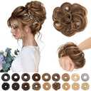 S-noilite Messy Bun Hairpiece Real Human Hair for Women Curly Wavy Tousled Updo Scrunchie Realistic Natural Messy Bun Hair Piece Highlighted Medium Brown Mixed Honey Blonde