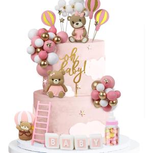 Acmee 44 PCS Bear Cake Toppers - Mini 3D Bear BABY Letters Milk Bottle Pink Gold Foam Balls Cake Toppers for Boy Girl Birthday Party Baby Shower Cake Decorations