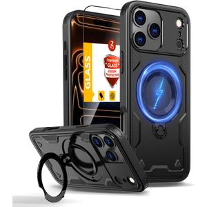 THBONRA for iPhone 17 Pro Max Case Magnetic Compatible with MagSafe, with 2 Tempered Glass Screen Projectors, Built-in Kickstand Ring, Phone Heavy Duty Protection Military Grade Shockproof Rugged Black