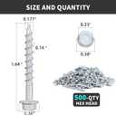 SD Connector Screws, #9 x 1-1/2" Heavy Duty Joist Hanger Screws, 1/4" Hex Head, 0.380" Dia, 10D Nail Replacement, Mechanical Galvanized, 1500-Hour Salt Spray Tested, 500 Count
