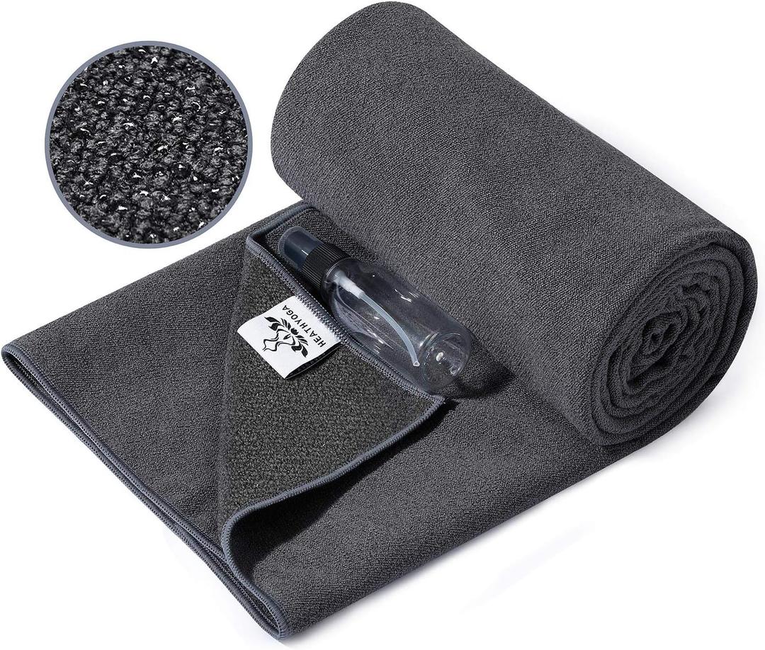 Heathyoga Hot Yoga Towel, Non Slip Yoga Mat Towel with Silicone Grip & Spray Bottle, 72"X26" Yoga Towel, Soft Microfiber Yoga Mat Towel for Hot Yoga, Bikram, Pilates and Fitness (Grey)