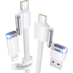 SHEZI 4-in-1 Compatible with USB C to Lightning Cable 100W Fast Charging & Data Transfer, Support to CarPlay & Android Auto, 5FT Multi Cords Charger for iPhone/iPad/Samsung/MacBook Cable, White