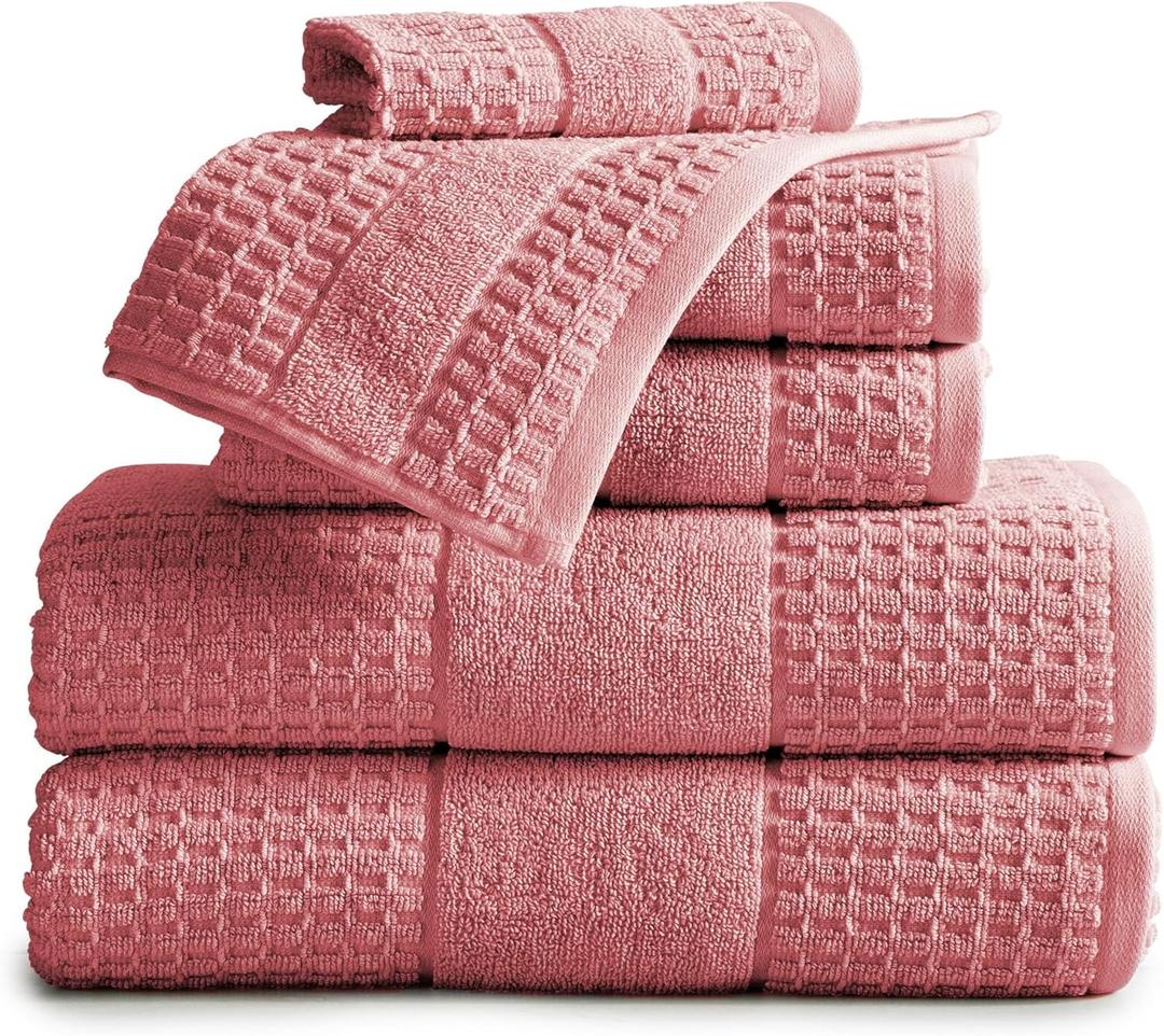 Market & Place 100% Cotton Super Soft Luxury Towel Set | Quick-Dry and Highly Absorbent | Waffle Textured | 550 GSM | 2 Bath Towels, 2 Hand Towels, & 2 Washcloths | Harper Collection (Rose) (6 Piece Set)