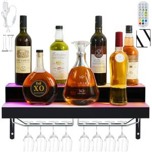LED Lighted Liquor Bottle Display Shelf Wall Mount Wine Rack, 2 Tiers 24Inch Bar Bottle Display Shelf with Glass Holder Remote and App Control for Home Bar Party Whiskey Coffee Bottles Display