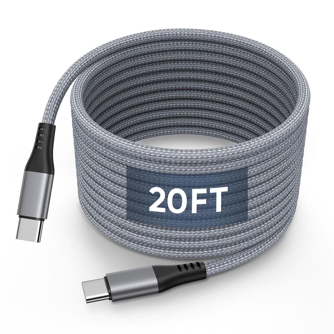 USB C Cable 20FT, Extra Long Fast Charging Cable 60W, Premium Nylon Braided PD Type C Charger Cord for iPhone 15 Pro Max, Galaxy, iPad Pro, Switch, Pixel & USB-C Phones, Gray
