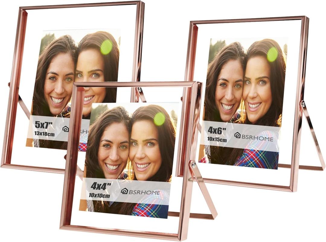 5x7, 4x6, 4x4 Floating Picture Frames with Glass, Metal Photo frames for Freestanding Tabletop Display, Set of 3 Rose Gold (MIX)