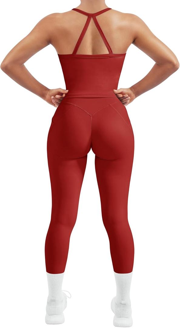SUUKSESS Women 2 Piece Workout Sets Compression Tummy Control Leggings with Pockets Halter Built in Bra Tank Tops (Medium, Red)