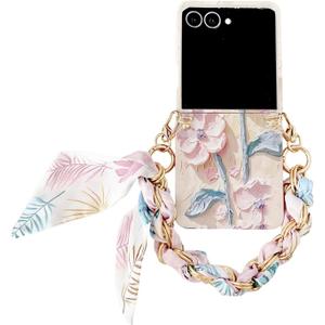 for Samsung Galaxy Z Flip 7 Case, Flat Embossed Watercolor Floral Full Wrap Flip 7 Phone Case, Fold Phone Cover with Bracelet (With Chain,B)