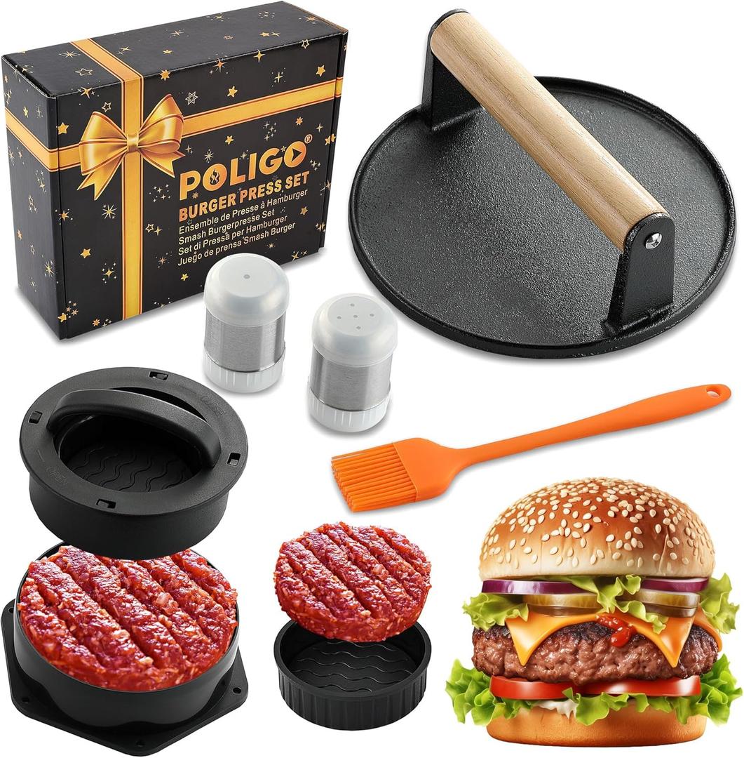 POLIGO 5PCS Smash Burger Press Kit - 4 in 1 Hamburger Patty Storage Containers,6.69" Round Cast Iron Smash Bacon Press- Non Stick Smash Burger Press Set for Grill and Griddle Cooking