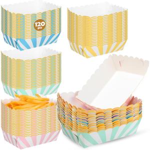 120 Pcs Pastel Paper Food Trays Striped Pastel Party Supplies Kraft Food Boats 4 Colors Disposable Paper Plates Hot Dog Fries Taco Popcorn Tray for Birthday Baby Shower Wedding (Candy Color) (Light Blue, Green, Pink, Yellow)
