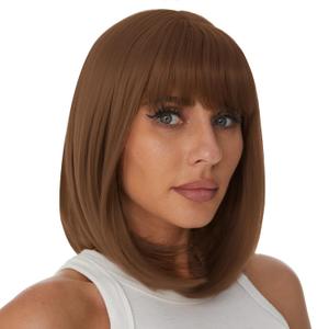 Onpep Auburn Bob Wigs with Bangs for Women Short Straight Shoulder Length Heat Resistant Synthetic Wig Light Golden Brown Natural Looking for Daily Cosplay Party