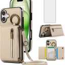 Asuwish Compatible with iPhone 16 6.1 inch Wallet Case with Screen Protector and Crossbody Shoulder Strap Ring Buckle Stand Card Holder Phone Cover for i Phone16 i16 16Case Women Girls Men Beige
