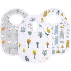 egmao baby Snap Muslin Bibs for Boys & Girls, 3-Pack Bibs for Infants, Newborns and Toddlers, 100% Cotton Muslin Absorbent & Soft Layers, Adjustable Snaps, “Bear, Hedgehog, Tree”