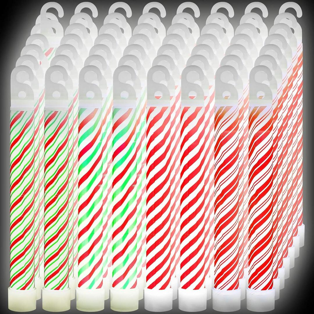 Hiboom 60 Pcs Christmas Candy Cane Glow Sticks Bulk Multi Use Glowsticks Christmas Party Favors Glow in the Dark Party Supplies for Camping Emergency Light Survival Kit with 8-12 Hours Duration