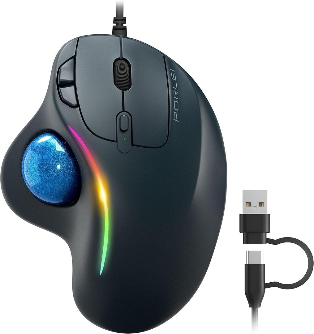 Wired Trackball Mouse with RGB Lighting, Ergonomic Thumb Control to Reduce Muscle Strain, 5 Adjustable DPI, Dual USB-C & USB-A Connectivity, Compatible with PC, Laptop, Mac, Windows-Blue
